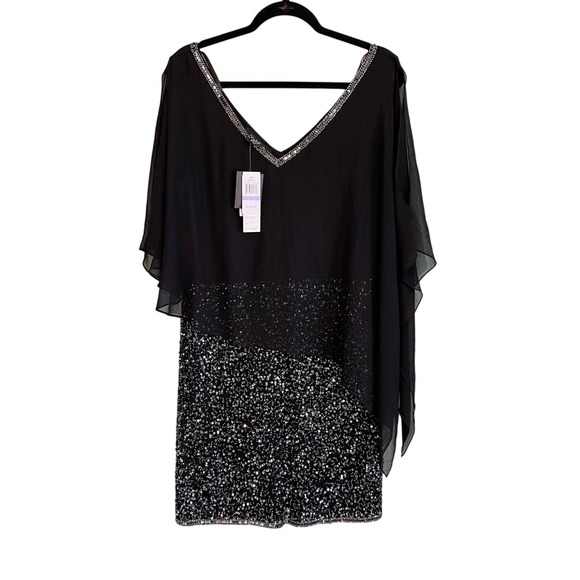 JKARA Dress 18 Sheer Cold Shoulder Handmade Silver Sequins V Neck Beaded Black - Picture 1 of 11